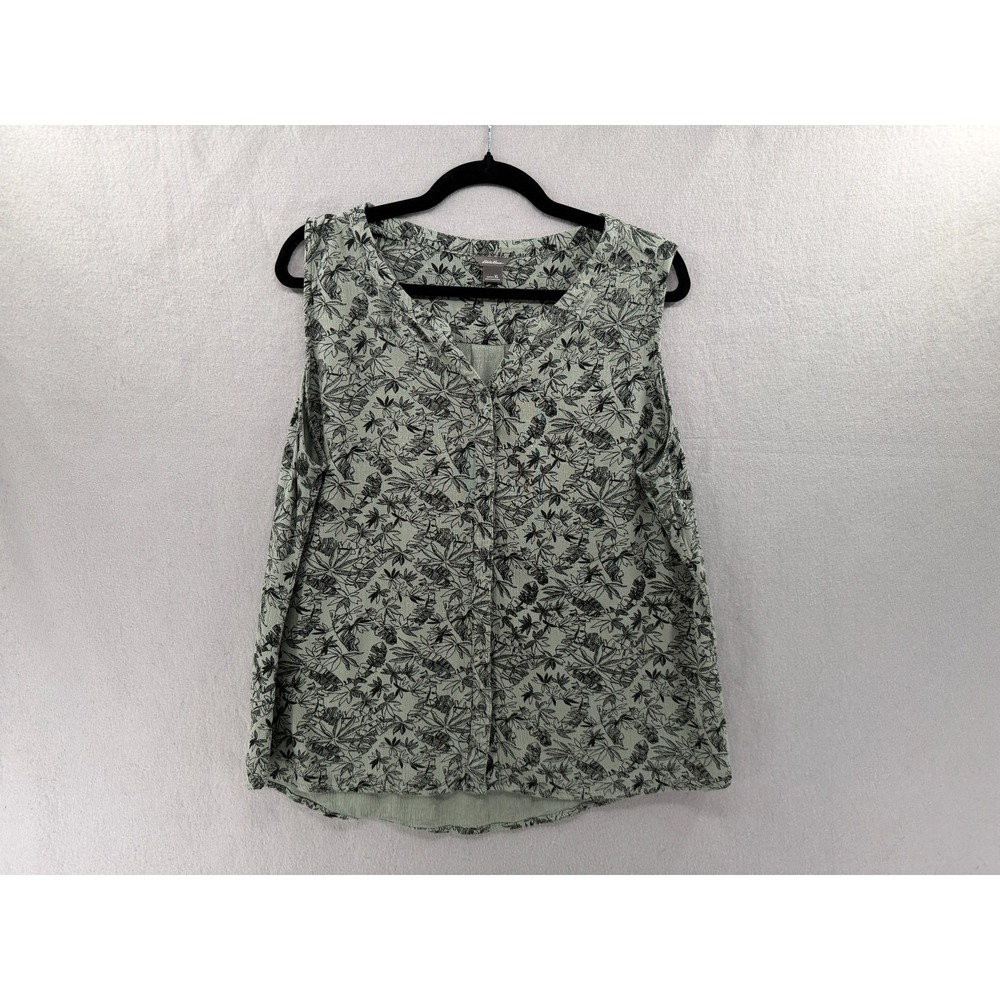 Eddie Bauer Tank Womens XL Green Black Botanical Button Front Blouse Earthy